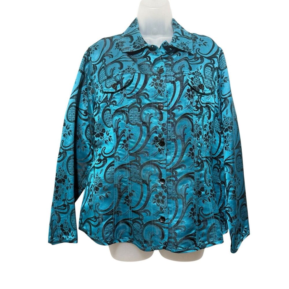 Chicos Size 2 US L Green Floral Silk Blend Button Front Long Sleeve Jacket Artsy